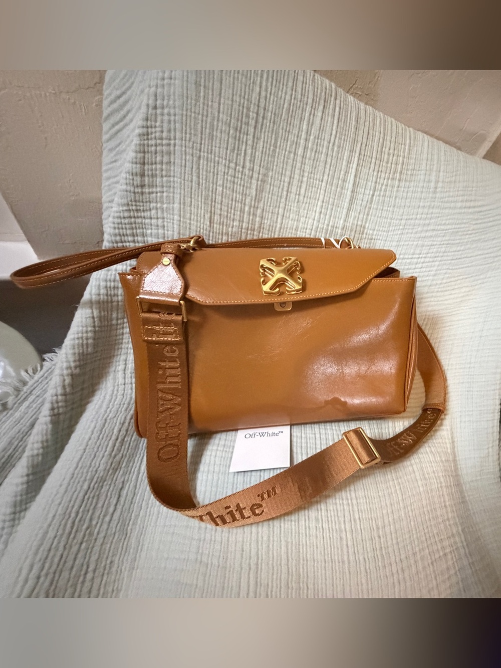 Off-White Cognac Leather Shoulder Bag with Gold Hardware - Picture 5 of 15
